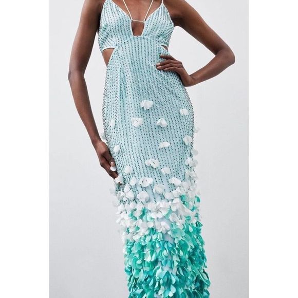 NWT Karen Millen Crystal Appliqué Deep V Woven Maxi Dress BLUE sz 8 US - Picture 2 of 8